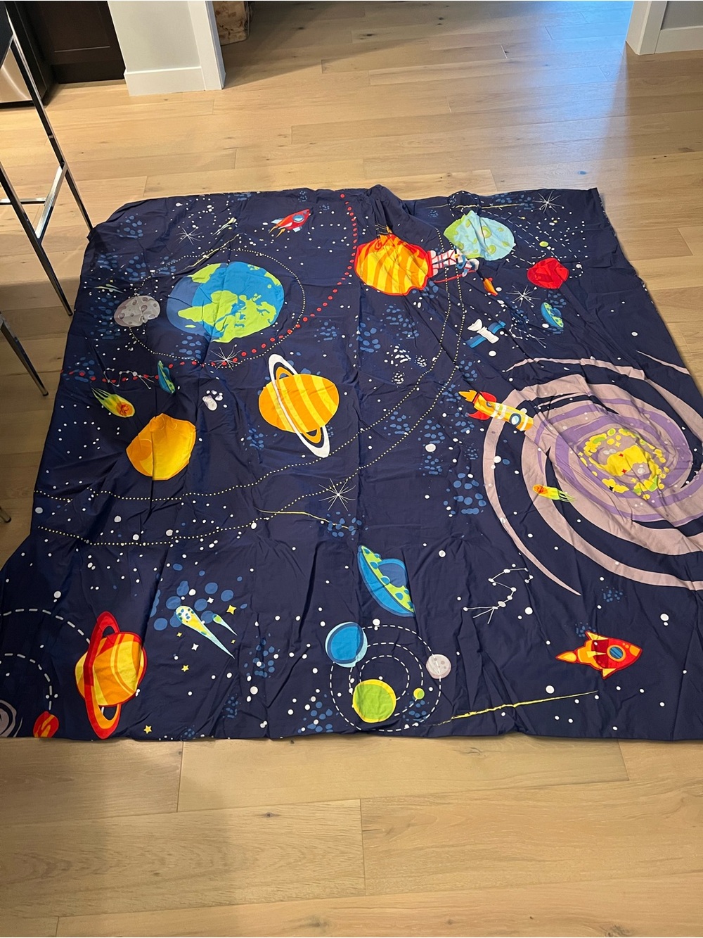 Children's Space-Themed Duvet Cover in Navy with Colorful Planets